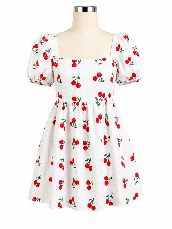 Pink Lily Dresses & Skirts - Pink Lily White Cherry Print Puff Sleeve Babydoll Mini Dress - Size XS